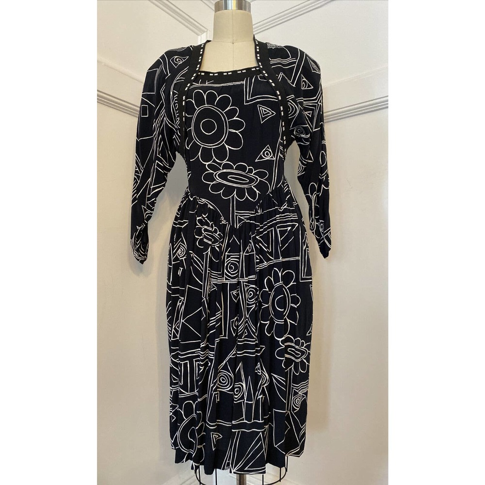 VTG 80's Nicole Miller Graphic Blk/White Floral Graffiti Bolero Dress S/4-6